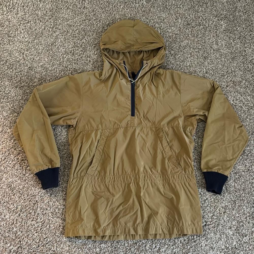 Vintage Women LL Bean Tan Navy Anorak Windbreaker Pullover Half Zip Nylon Medium